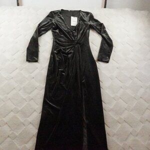 Zara Velour Midi Dress Womens Extra Small Long Sleeve Split Hem Green